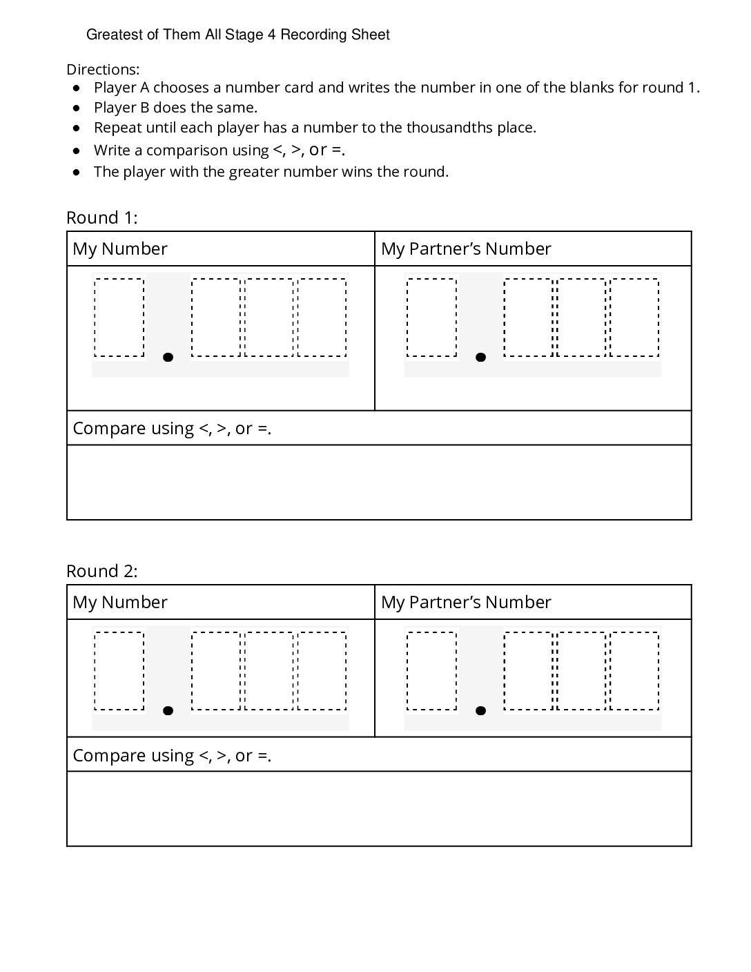 Center Greatest Of Them All 1 5 Stage 4 Decimals Greatest Of Them All Stage 4 Recording Sheet