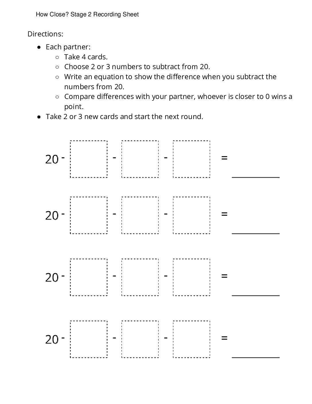 Center How Close 1 5 Stage 2 Subtract From 20 How Close Stage 2 Recording Sheet