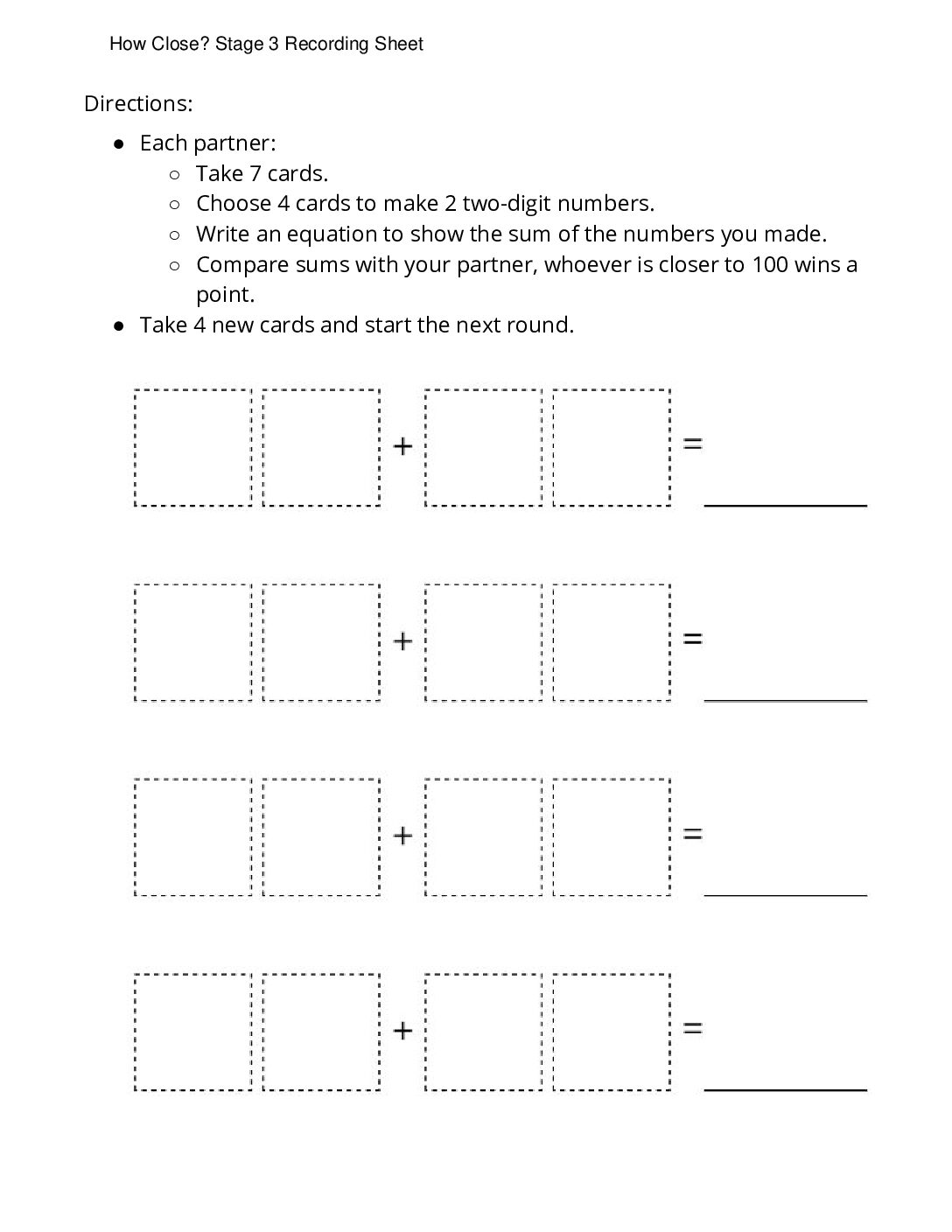 Center How Close 1 5 Stage 3 Add To 100 How Close Stage 3 Recording Sheet