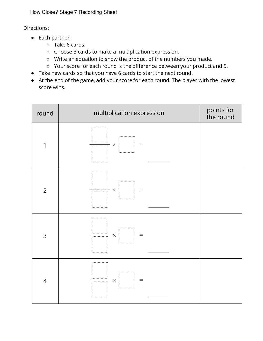 Center How Close 1 5 Stage 7 Multiply Fractions And Whole Numbers To 5 How Close Stage 7 Recording Sheet