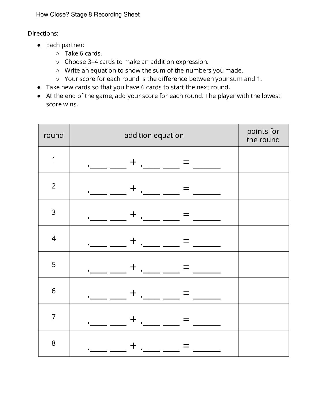 Center How Close 1 5 Stage 8 Add Decimals To 1 How Close Stage 8 Recording Sheet