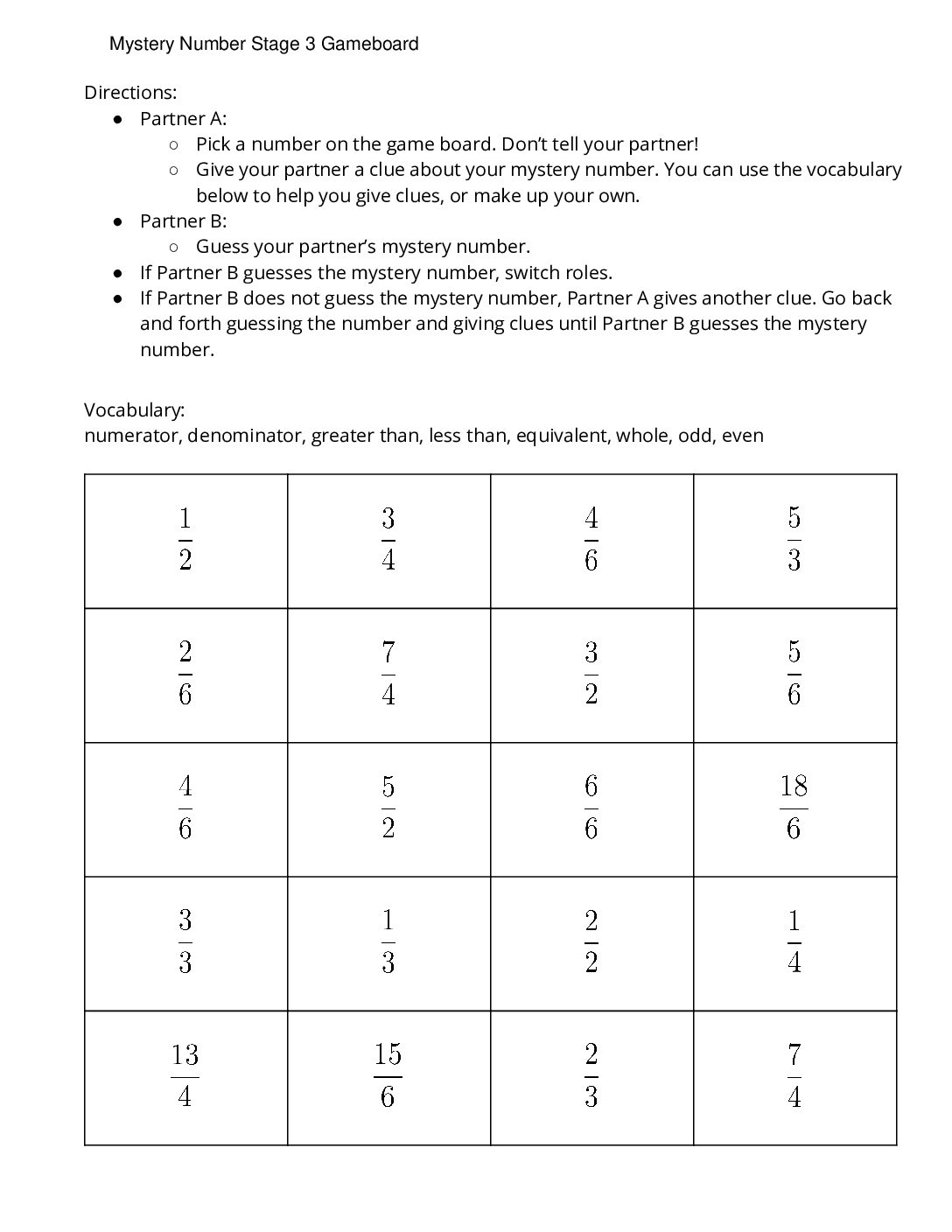 Center Mystery Number 1 4 Stage 3 Fractions With Denominators 2 3 4 6 Mystery Number Stage 3 Gameboard
