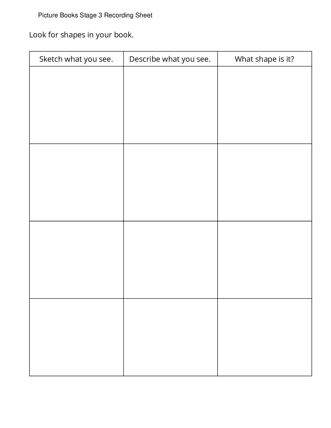 Center Picture Books K 5 Stage 3 Find Shapes Picture Books Stage 3 Recording Sheet