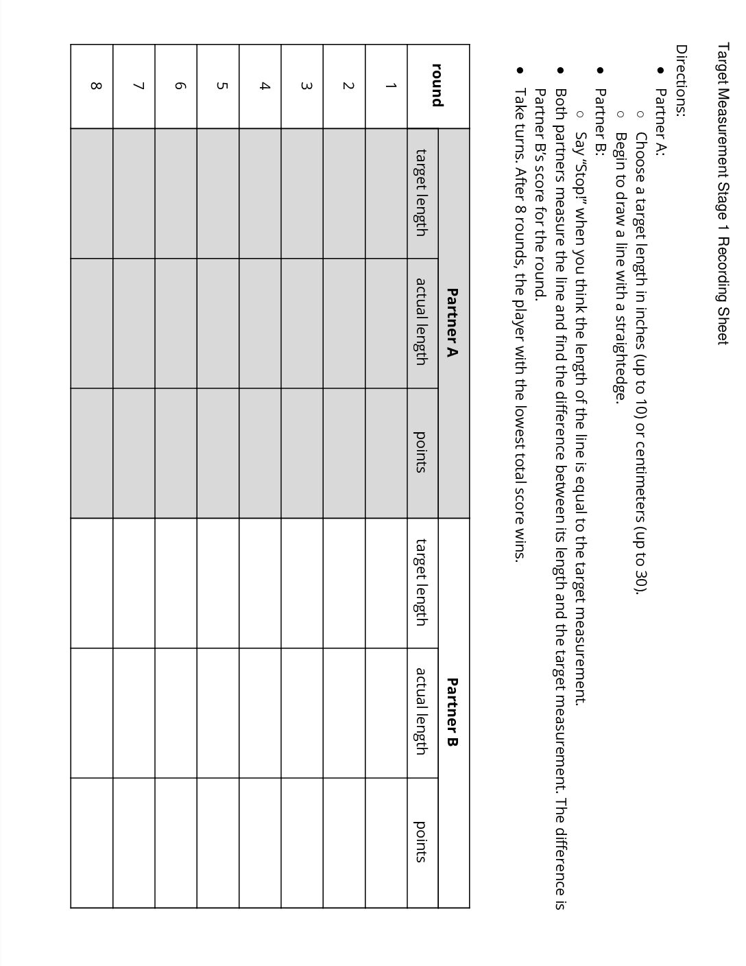 Center Target Measurements 2 5 Stage 1 İnches And Centimeters Target Measurement Stage 1 Recording Sheet