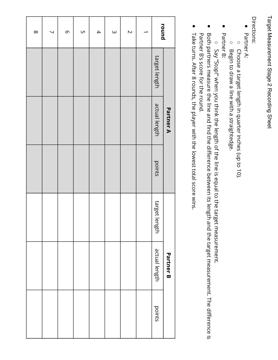 Center Target Measurements 2 5 Stage 2 Quarter İnches Target Measurement Stage 2 Recording Sheet