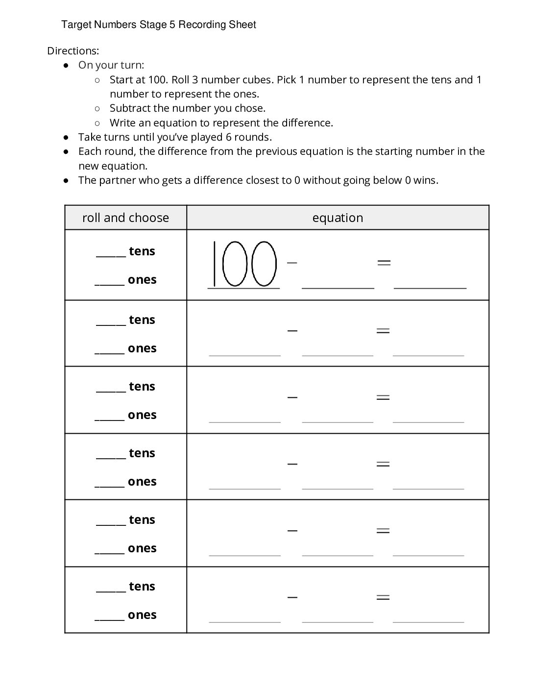 Center Target Numbers 1 5 Stage 5 Subtract Two Digit Numbers Target Numbers Stage 5 Recording Sheet