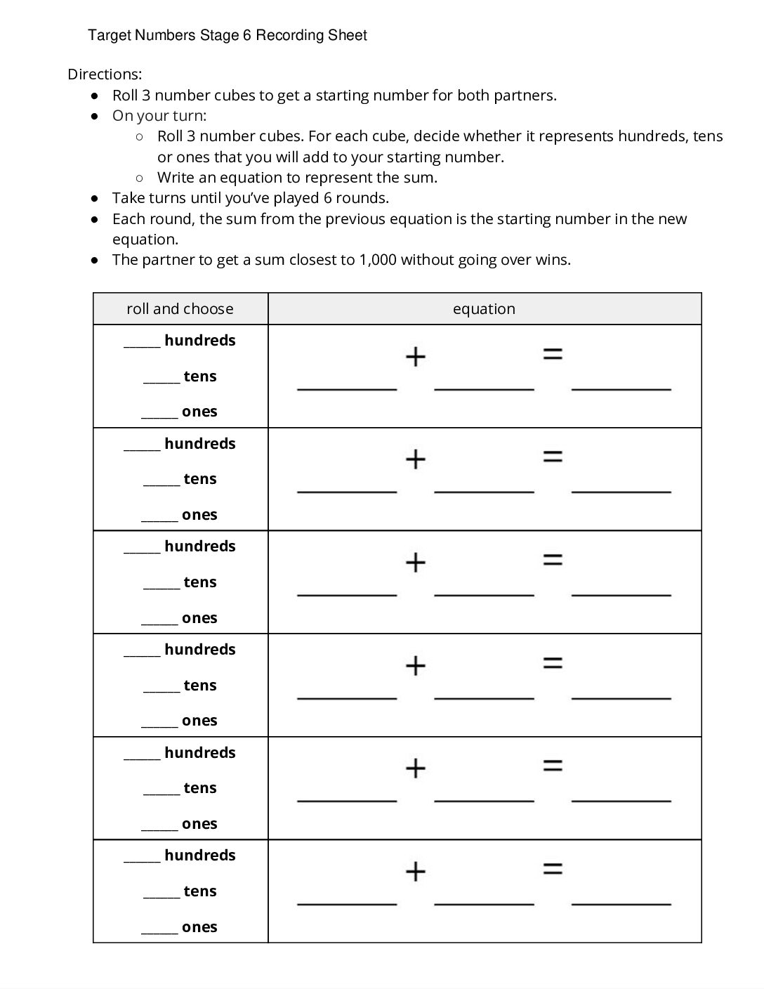 Center Target Numbers 1 5 Stage 6 Add Hundreds Tens Or Ones Target Numbers Stage 6 Recording Sheet