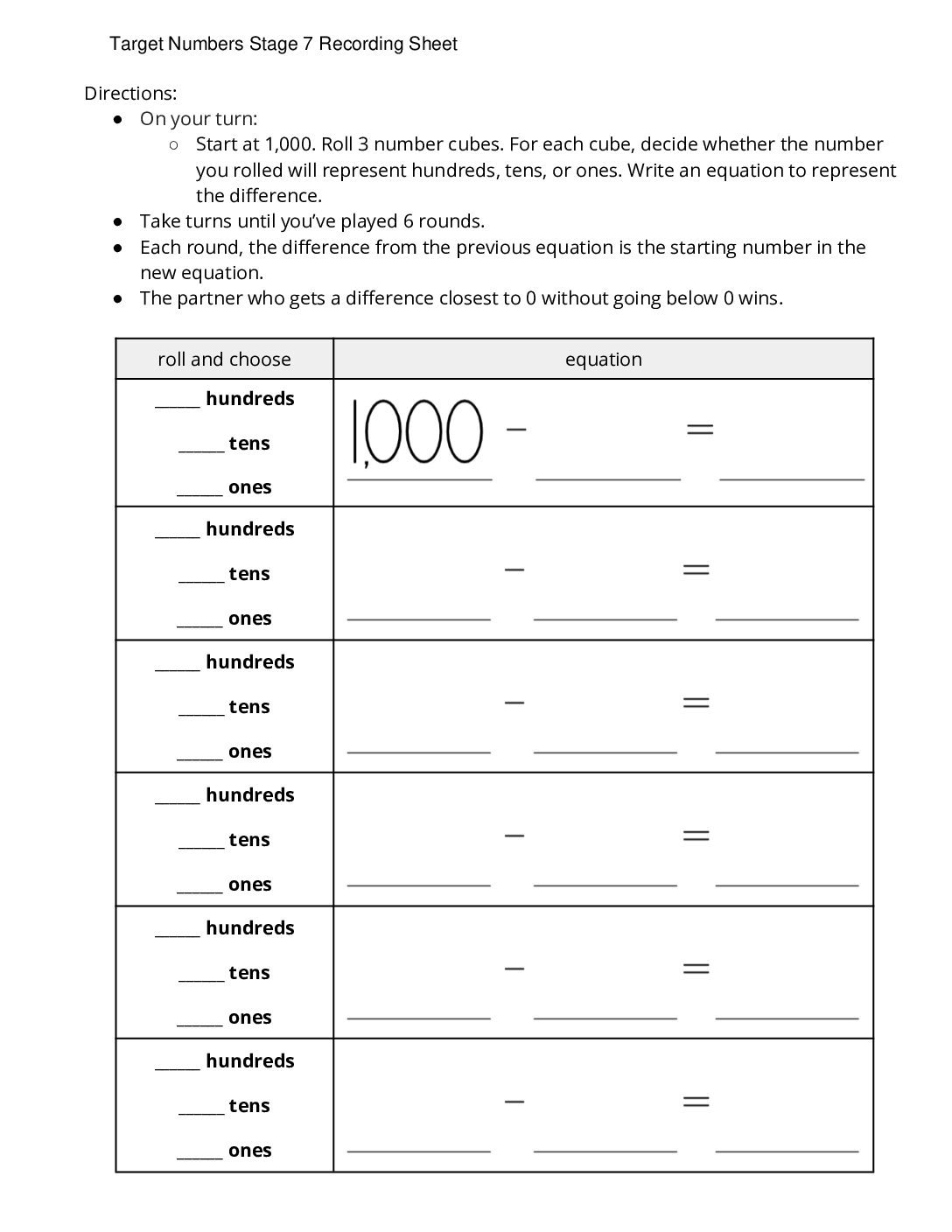 Center Target Numbers 1 5 Stage 7 Subtract Hundreds Tens Or Ones Target Numbers Stage 7 Recording Sheet