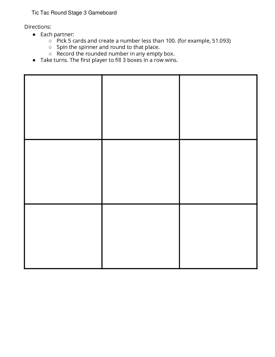 Center Tic Tac Round 3 5 Stage 3 Decimals Tic Tac Round Stage 3 Gameboard