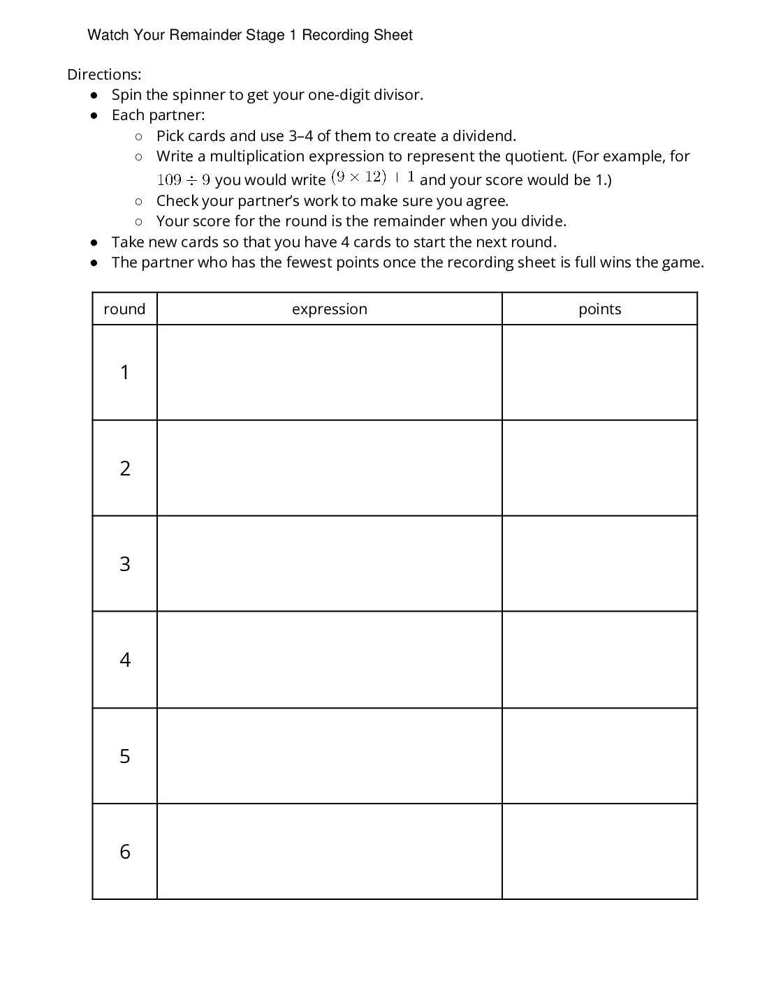 Center Watch Your Remainder 4 5 Stage 1 One Digit Divisors Watch Your Remainder Stage 1 Recording Sheet