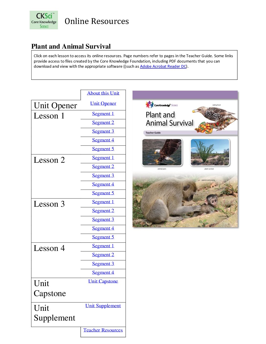Cksci G1U2 Plant And Animal Survival Online Resources