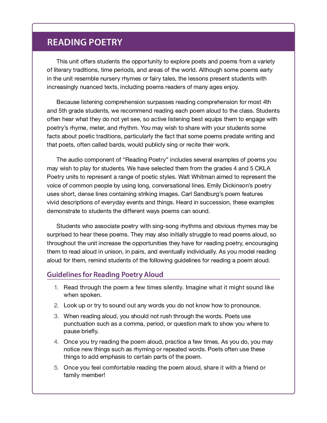 G5 U3 Guidelines For Reading Poetry