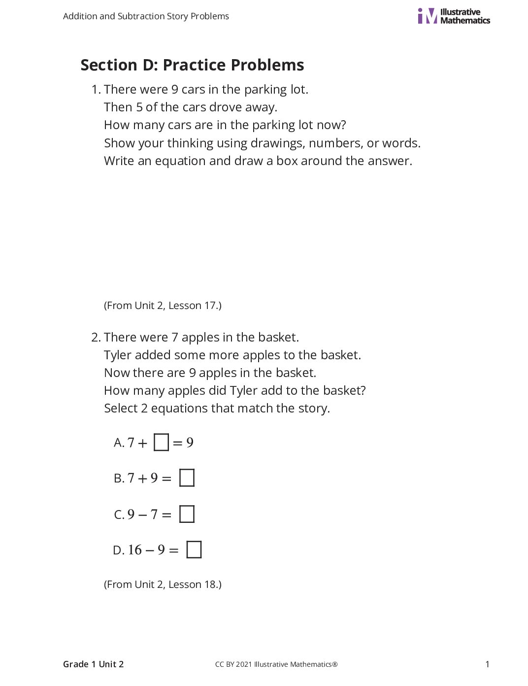 Grade1 2 D All Kinds Of Story Problems Curated Practice Problem Set