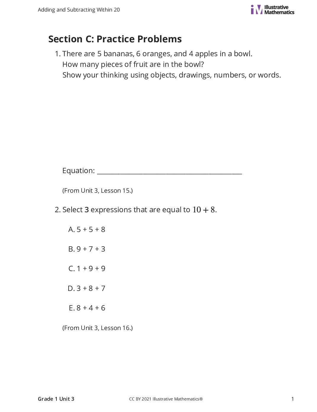Grade1 3 C Add Within 20 Curated Practice Problem Set