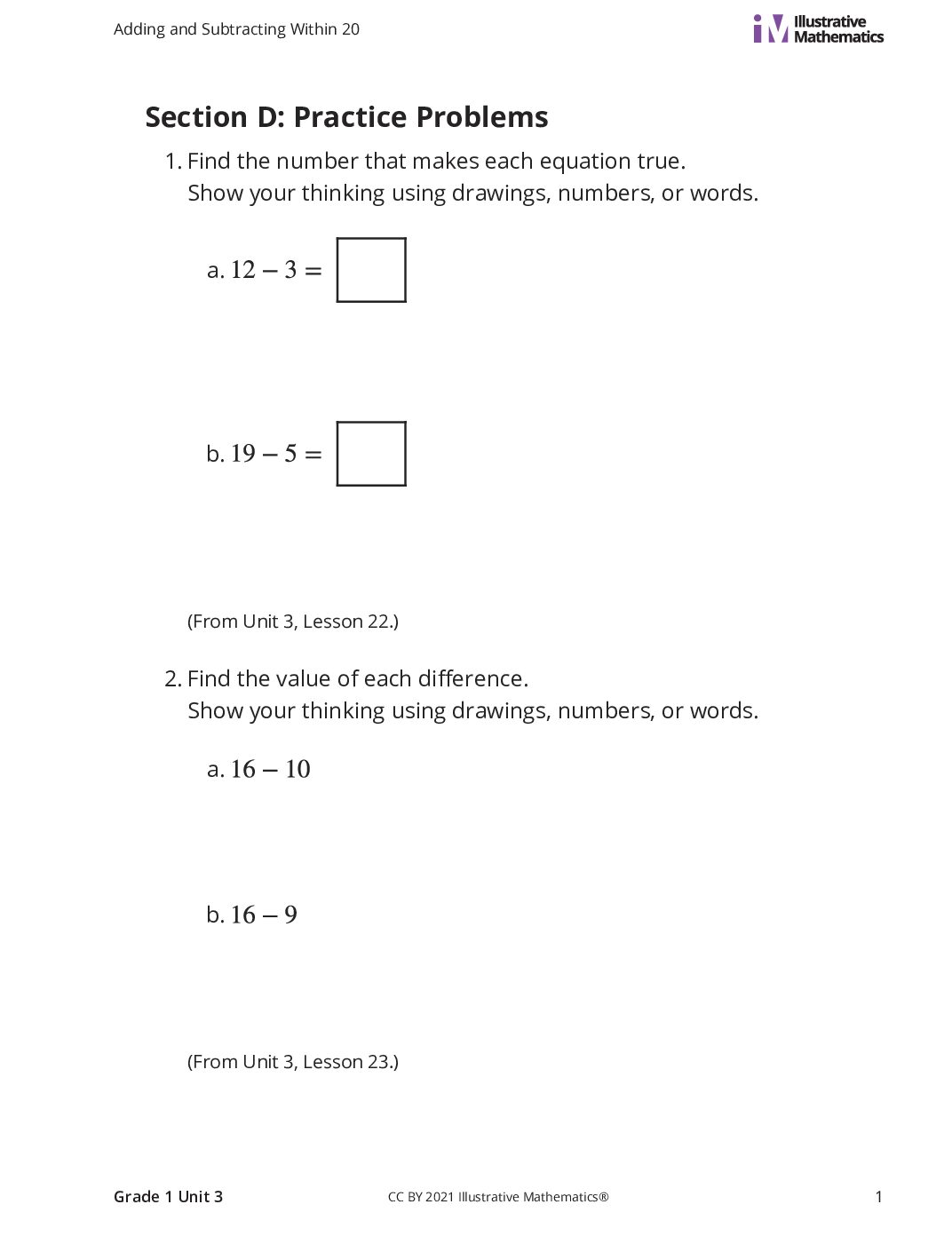 Grade1 3 D Subtract Within 20 Curated Practice Problem Set