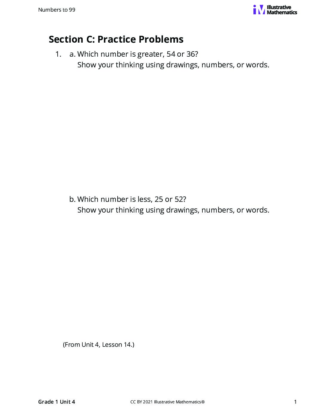 Grade1 4 C Compare Numbers To 99 Curated Practice Problem Set
