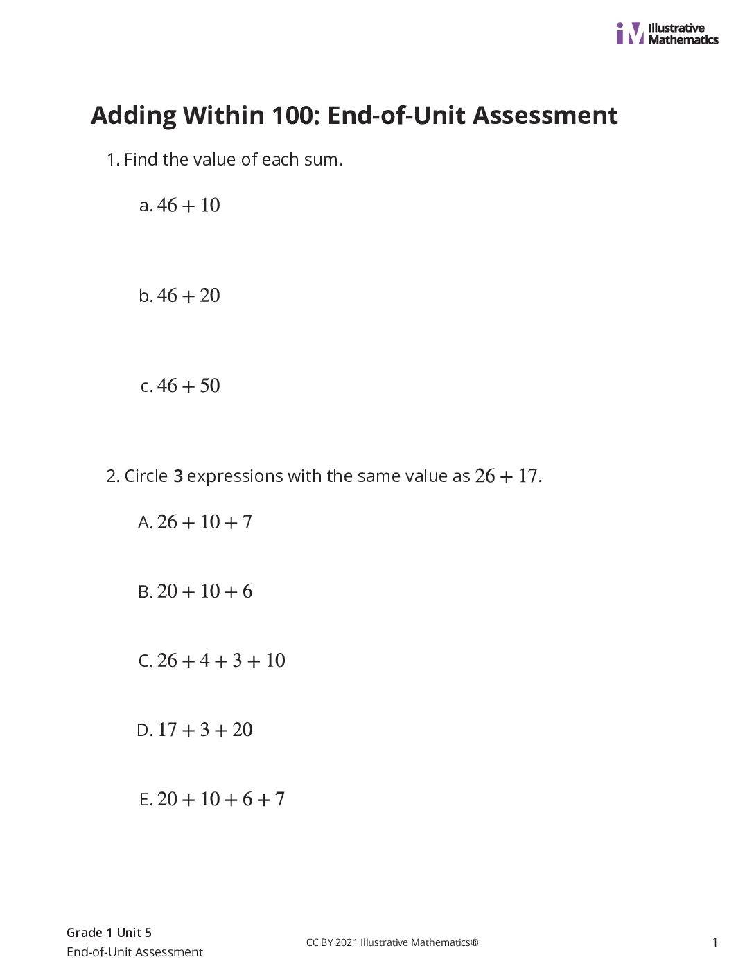 Grade1 5 End Of Unit Assessment Assessment 2