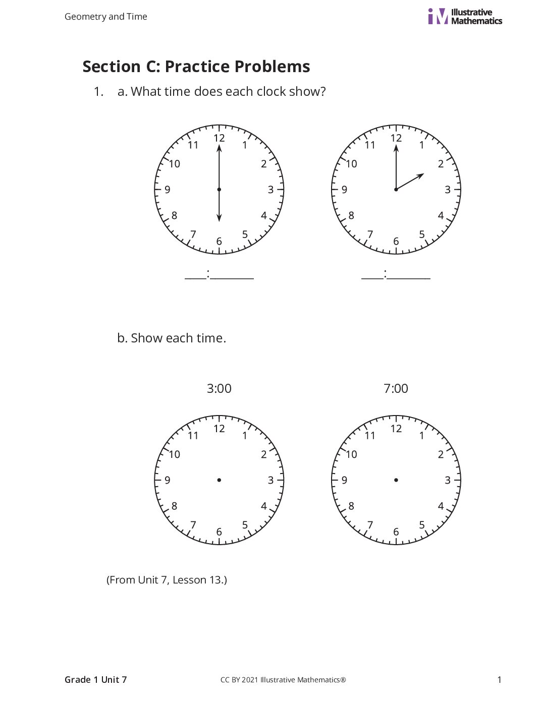 Grade1 7 C Tell Time İn Hours And Half Hours Curated Practice Problem Set