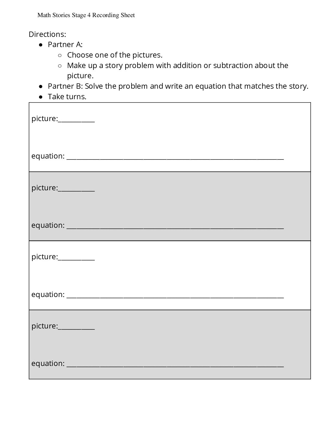 Grade1.2.A5.1 İntroduce Math Stories Add And Subtract Math Stories Stage 4 Recording Sheet