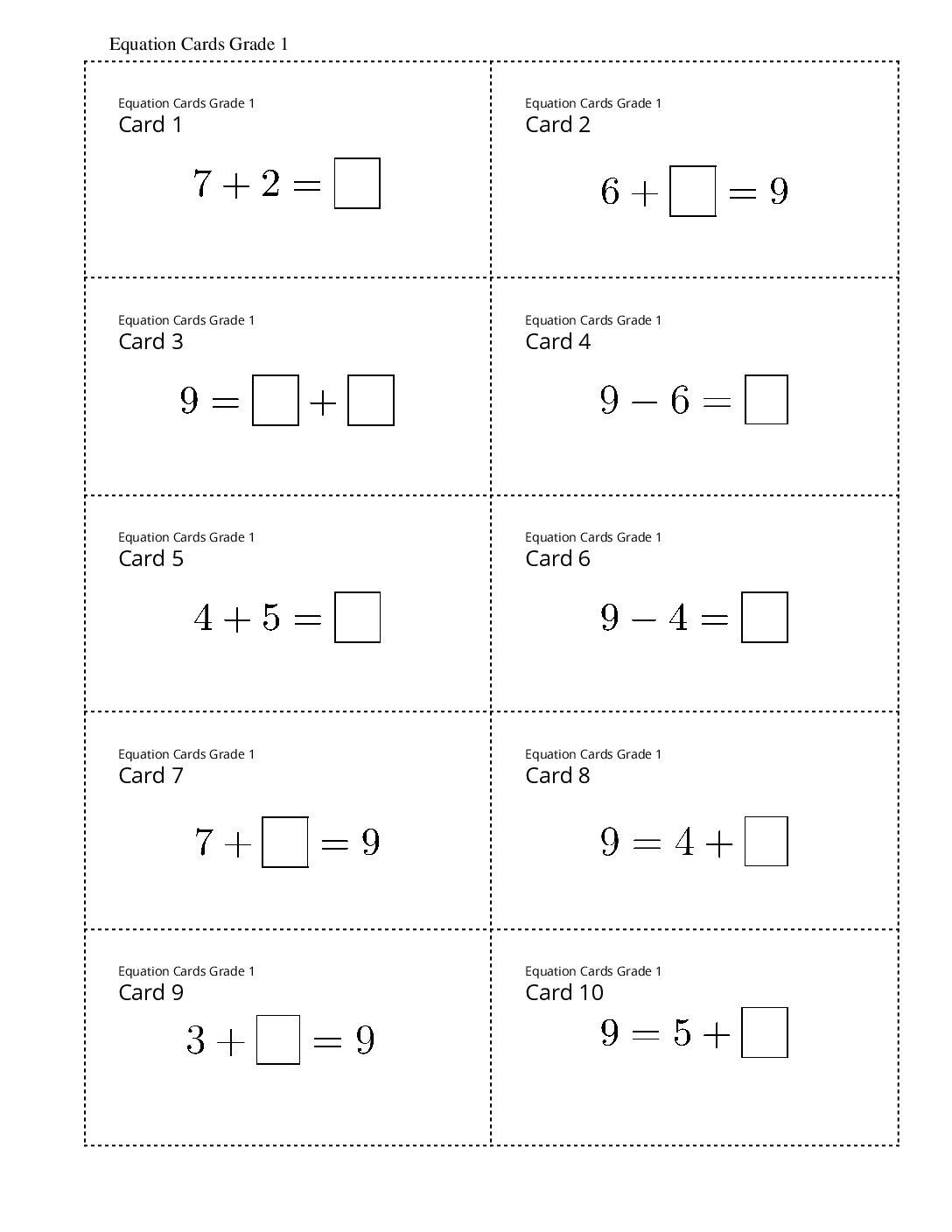 Grade1.2.D18.1 Match Stories And Equations Equation Cards Grade 1
