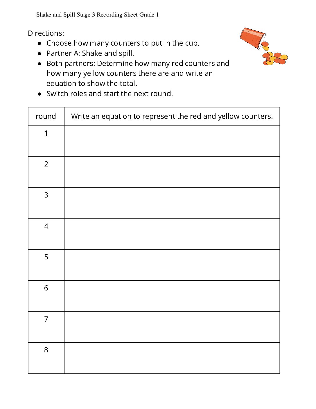 Grade1.3.A4.1 Shake And Spill 10 Counters Shake And Spill Stage 3 Recording Sheet Grade 1