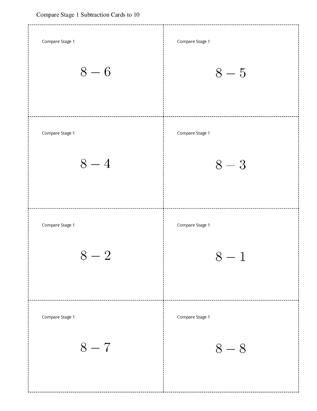 Grade1.3.A7.1 İntroduce Compare Add And Subtract Within 10 Compare Stage 1 Subtraction Cards To 10
