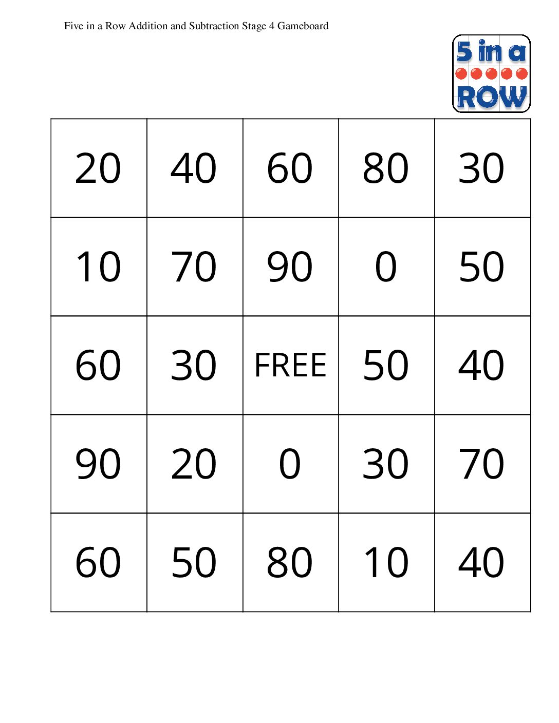 Grade1.4.A3.2-İntroduce-Five-İn-A-Row-Add-Or-Subtract-10-Five-İn-A-Row-Addition-And-Subtraction-Stage-4-Gameboard
