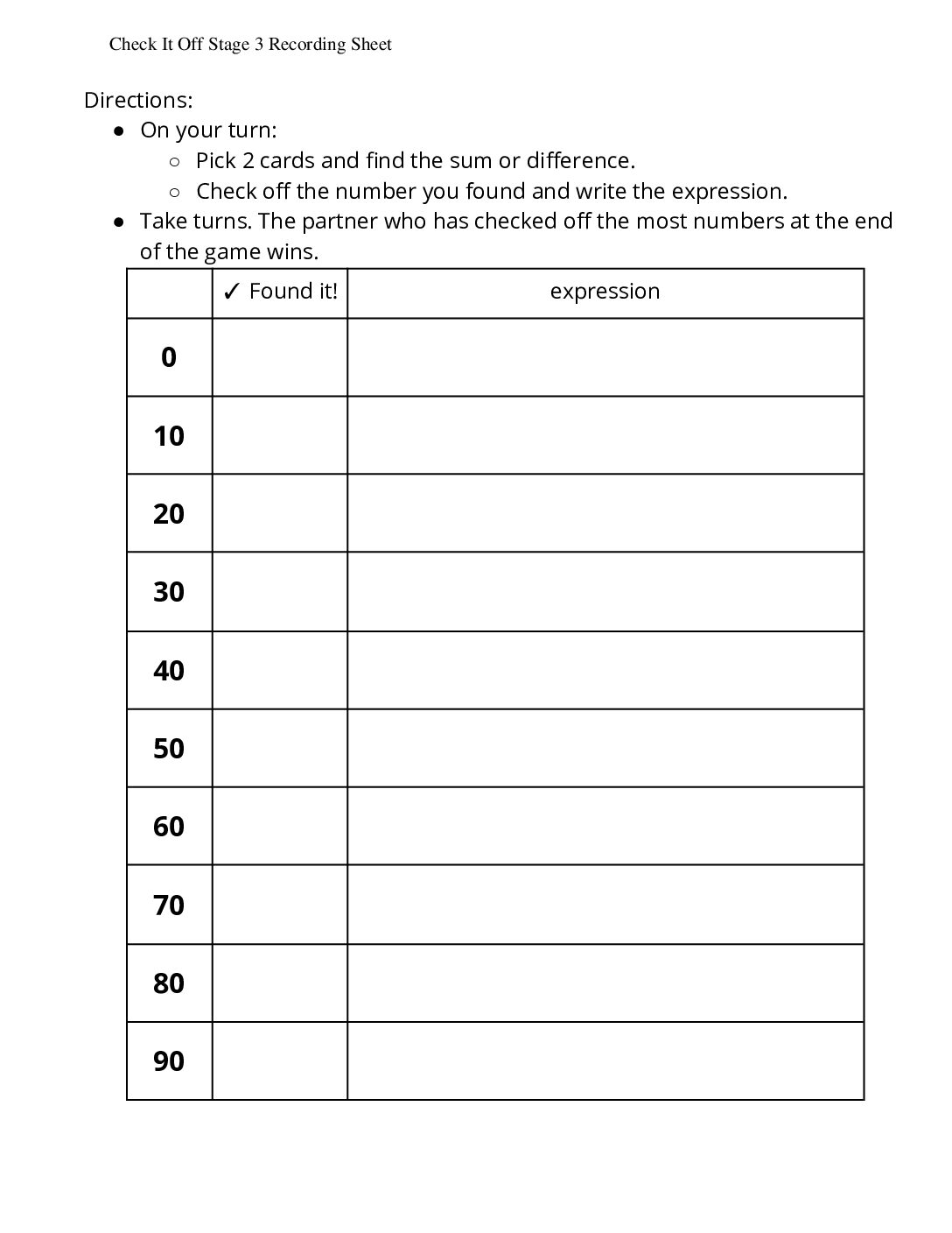 Grade1.4.A5.1 İntroduce Check İt Off Add Or Subtract Tens Check İt Off Stage 3 Recording Sheet