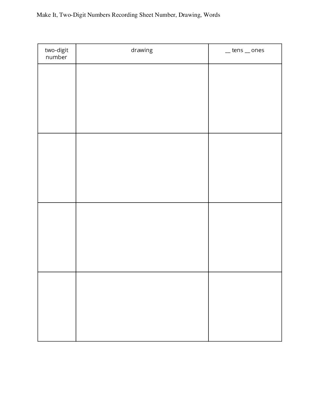 Grade1.4.B7.1 Make İt Tens And Ones Make İt Two Digit Numbers Recording Sheet Number Drawing Words