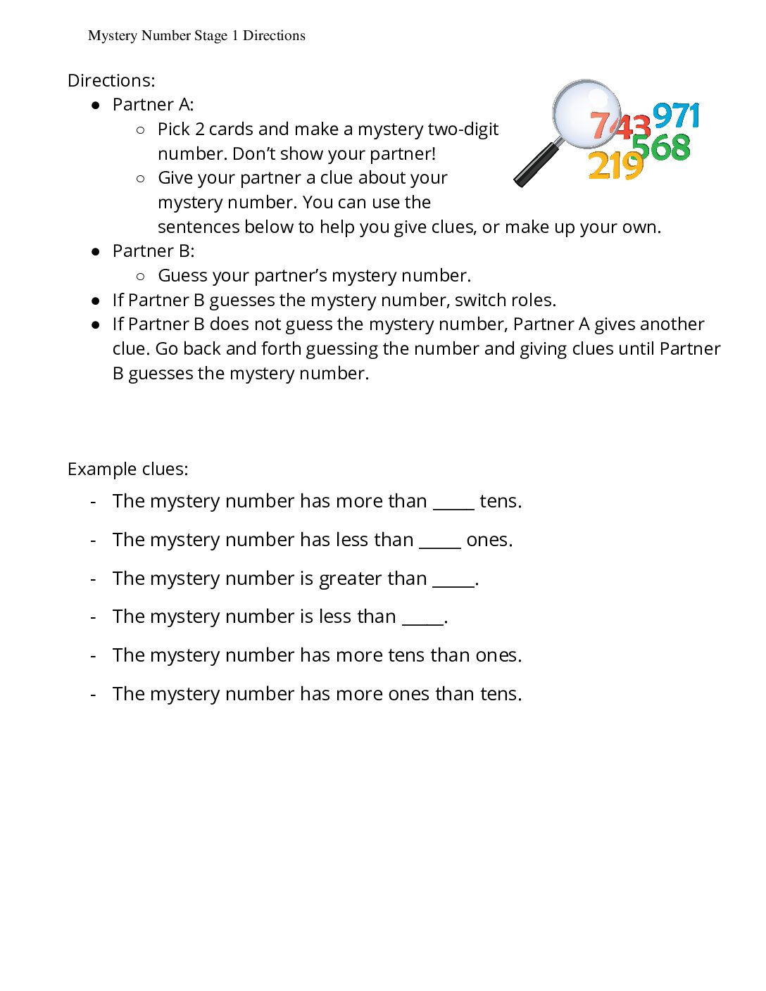 Grade1.4.D22.1 İntroduce Mystery Number Two Digit Numbers Mystery Number Stage 1 Directions