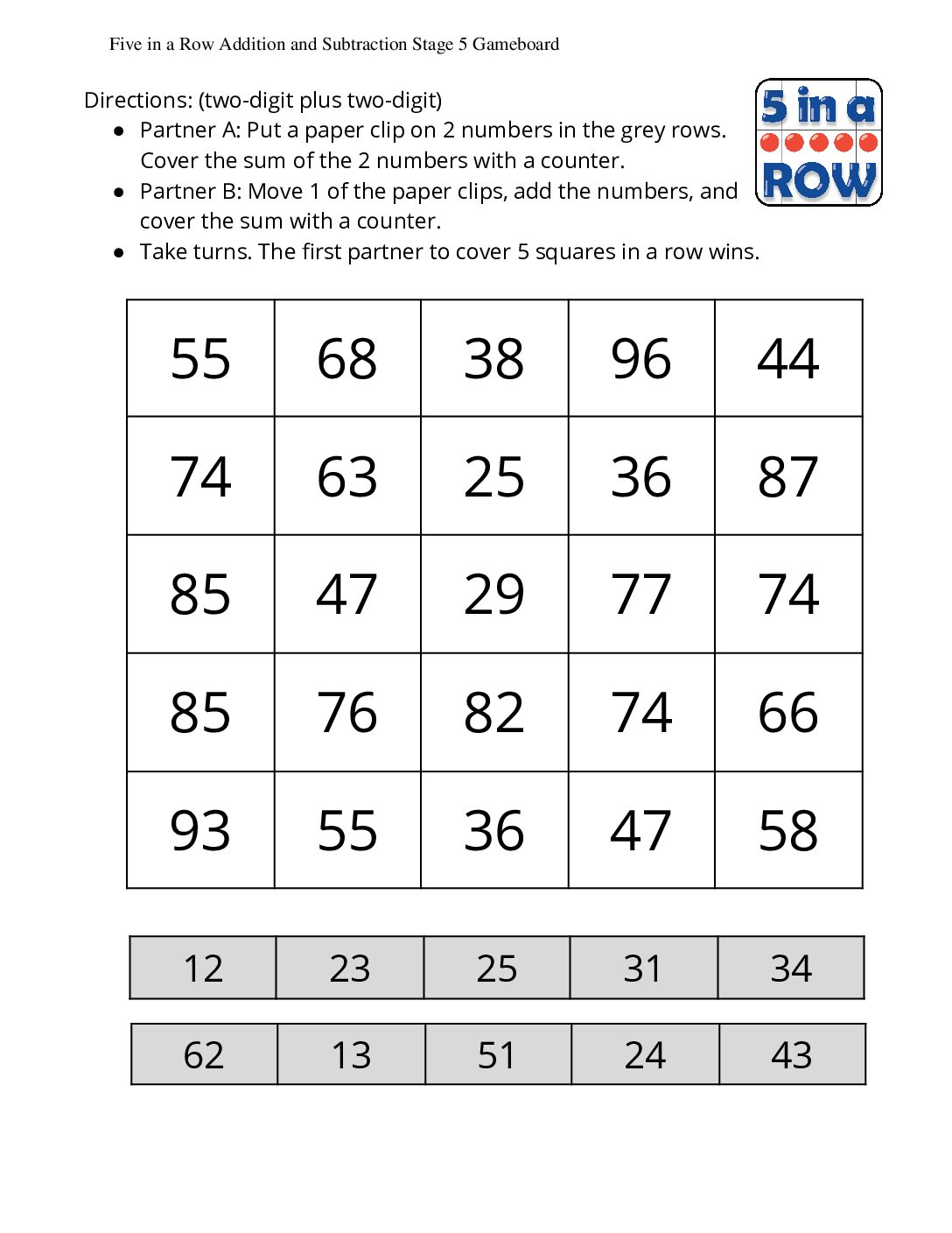 Grade1.5.A2.3-İntroduce-Five-İn-A-Row-Add-Within-100-Without-Composing-Five-İn-A-Row-Addition-And-Subtraction-Stage-5-Gameboard