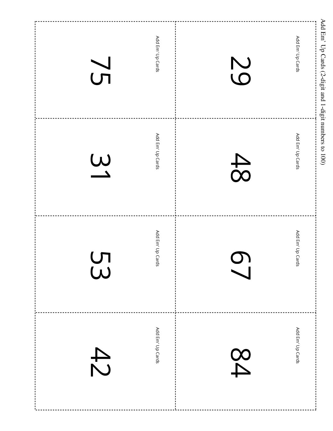 Grade1.5.B5.2 Add Em Up Partner Add Em Up Cards 2 Digit And 1 Digit Numbers To 100