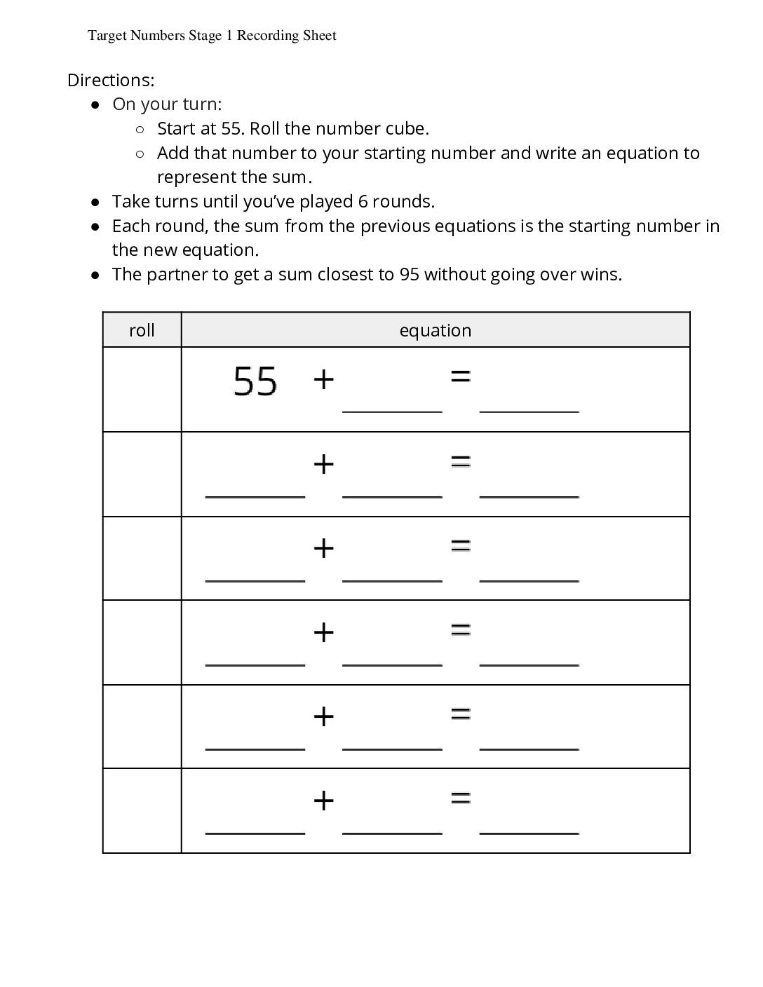 Grade1.5.B6.3 İntroduce Target Numbers Add Ones Target Numbers Stage 1 Recording Sheet