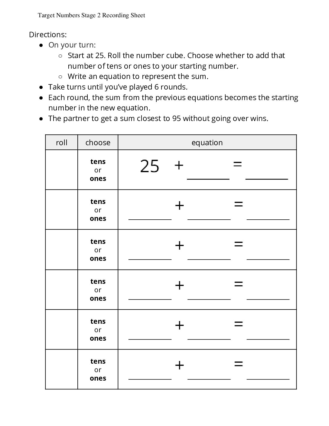 Grade1.5.B8.1 İntroduce Target Numbers Add Tens Or Ones Target Numbers Stage 2 Recording Sheet