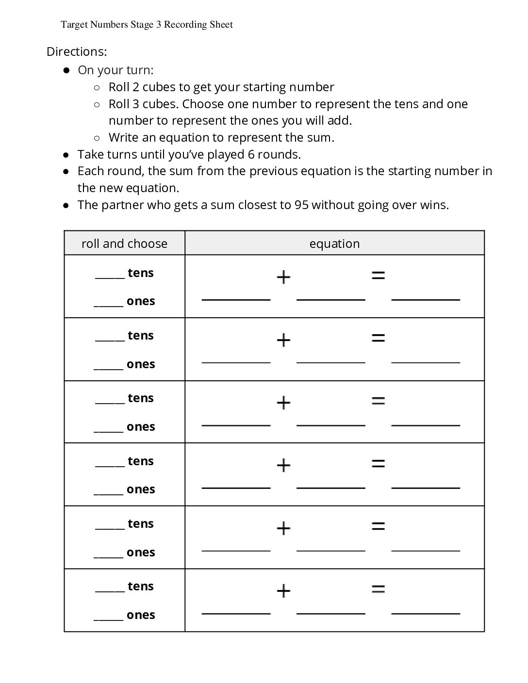 Grade1.5.C13.1 İntroduce Target Numbers Add Two Digit Numbers Target Numbers Stage 3 Recording Sheet