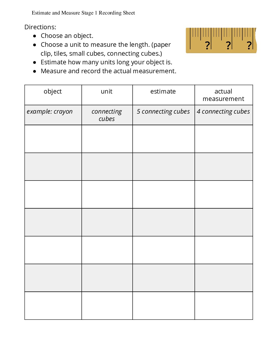 Grade1.6.B10.1-İntroduce-Estimate-And-Measure-Choose-Your-Unit-Estimate-And-Measure-Stage-1-Recording-Sheet