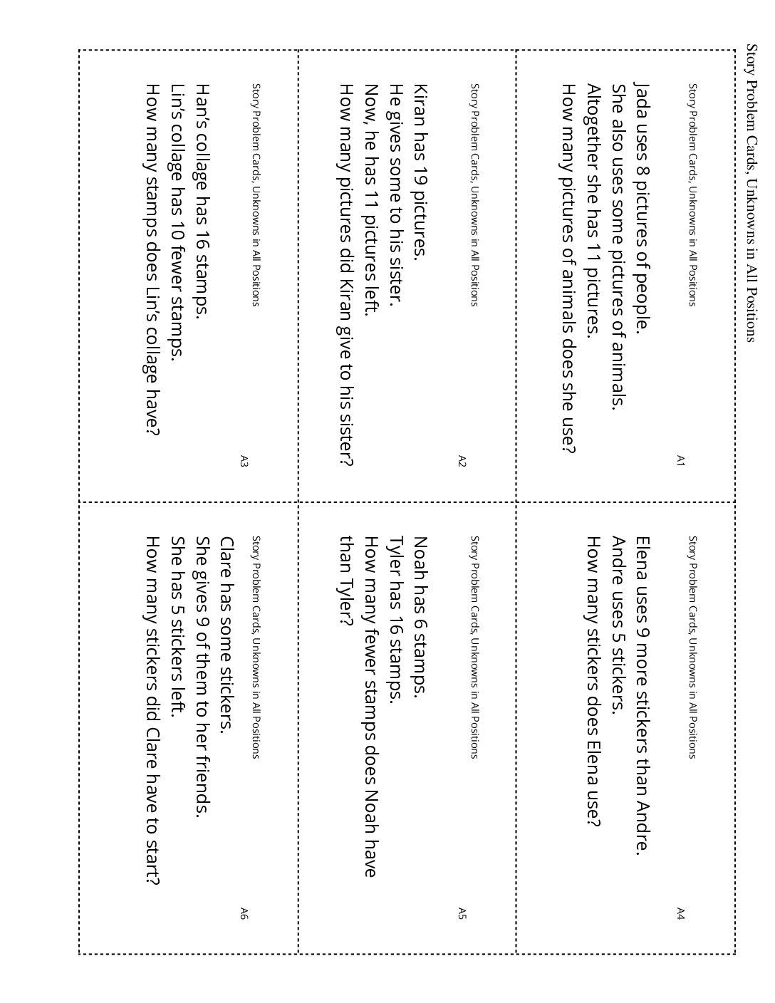 Grade1.6.C14.1 Sort Story Problems Story Problem Cards Unknowns İn All Positions