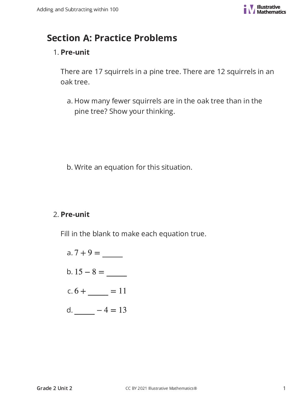 Grade2 2 A Add And Subtract Curated Practice Problem Set