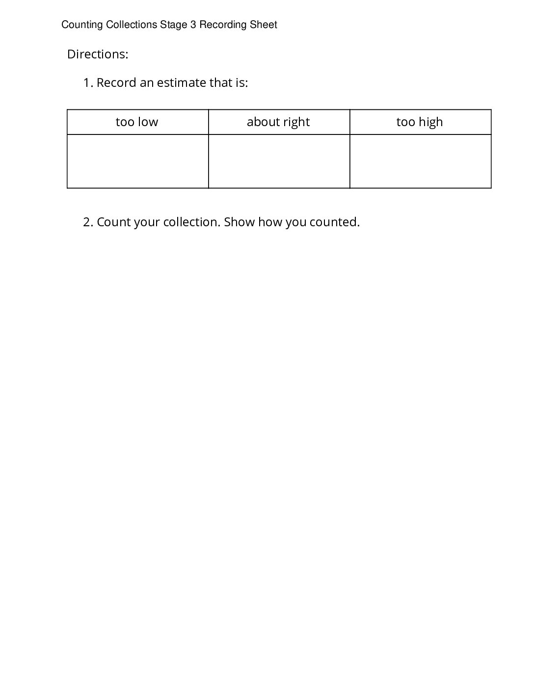 Grade2.1.C17.1 Revisit Counting Collections Counting Collections Stage 3 Recording Sheet