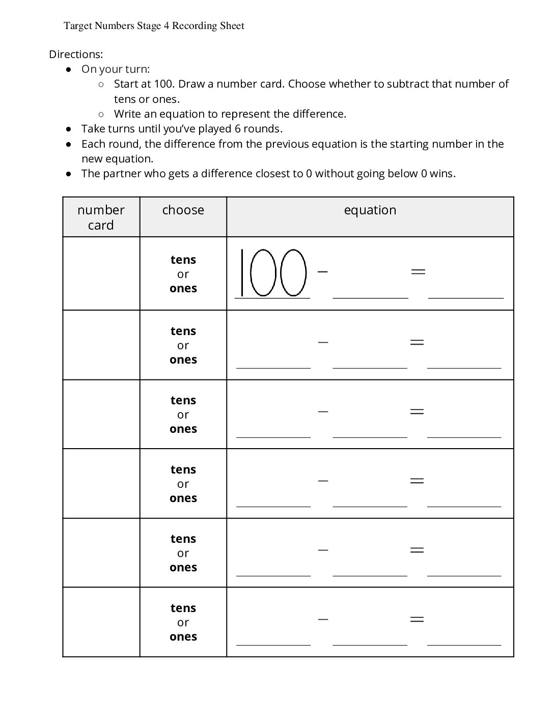 Grade2.2.B6.2 İntroduce Target Numbers Subtract Tens Or Ones Target Numbers Stage 4 Recording Sheet
