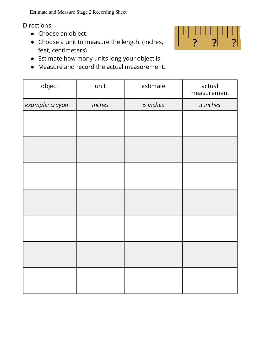 Grade2.3.A7.1 İntroduce Estimate And Measure Estimate And Measure Stage 2 Recording Sheet