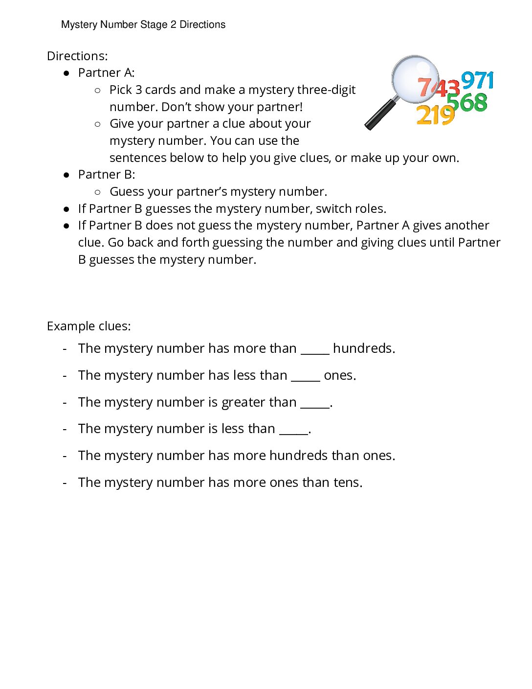 Grade2.5.A7.1 İntroduce Mystery Number Three Digit Numbers Mystery Number Stage 2 Directions