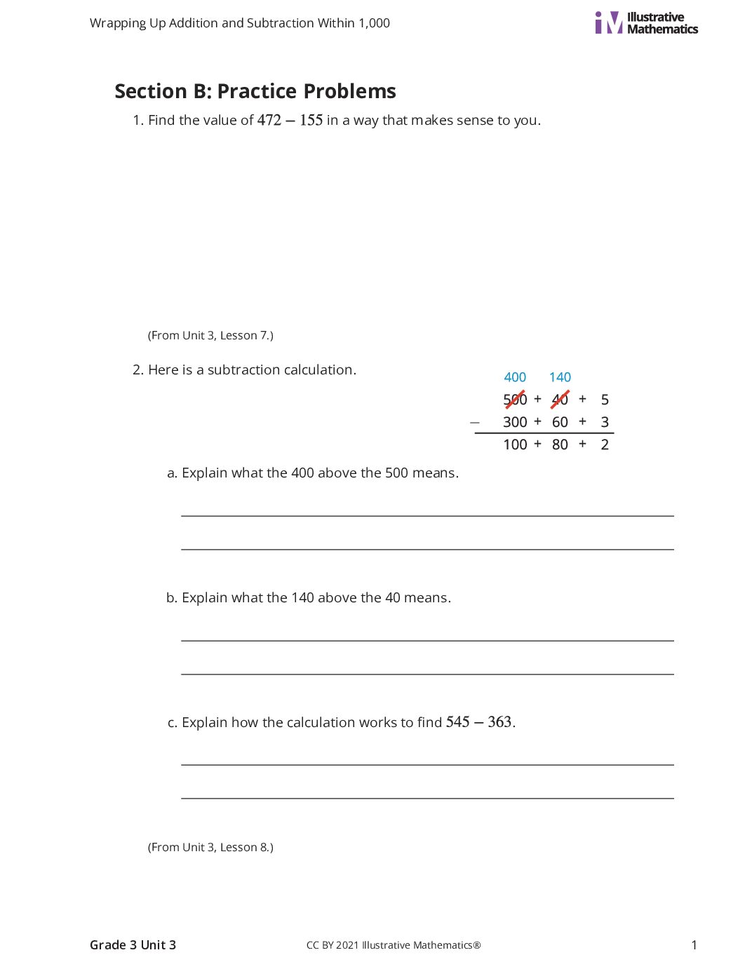 Grade3 3 B Subtract Within 1,000 Curated Practice Problem Set