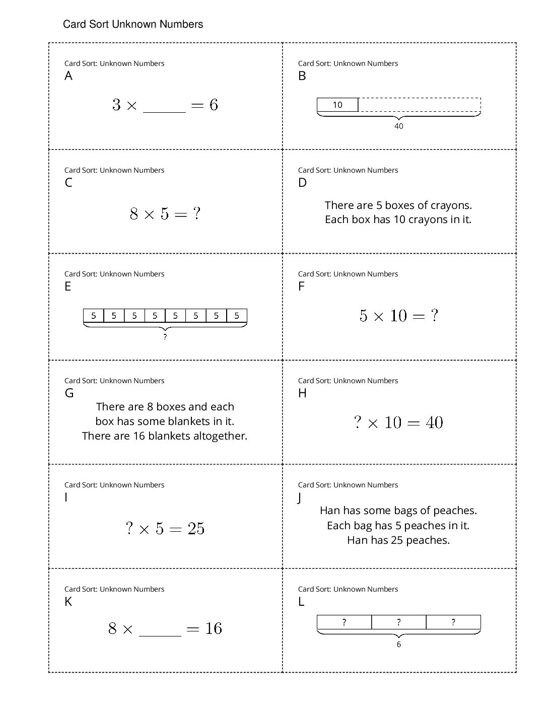 Grade3.1.B14.1 Card Sort Unknown Numbers Card Sort Unknown Numbers