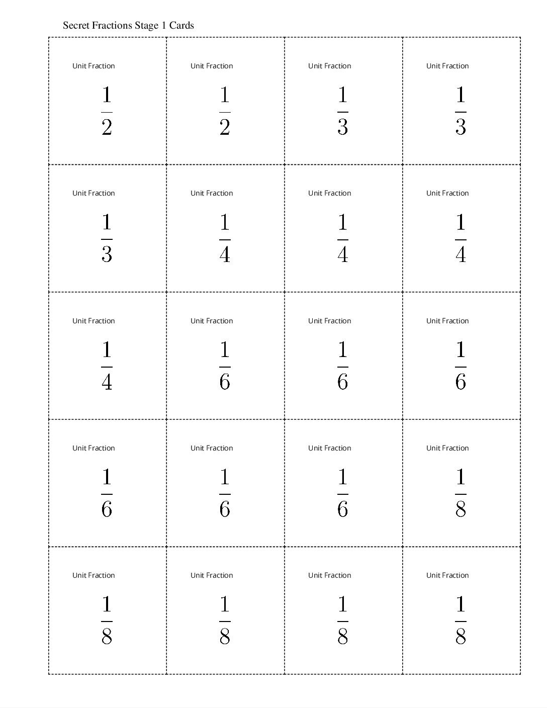 Grade3.5.A4.1 İntroduce Secret Fractions Secret Fractions Stage 1 Cards