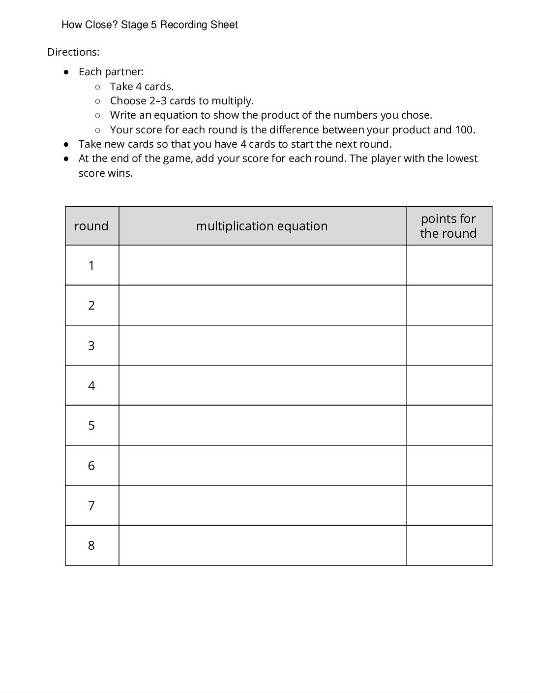 Grade3.8.C9.1 İntroduce Rectangle Rumble And How Close How Close Stage 5 Recording Sheet