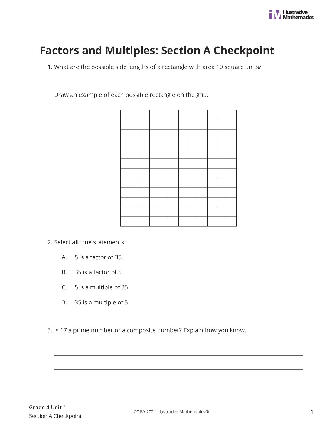 Grade4 1 Section A Checkpoint Assessment