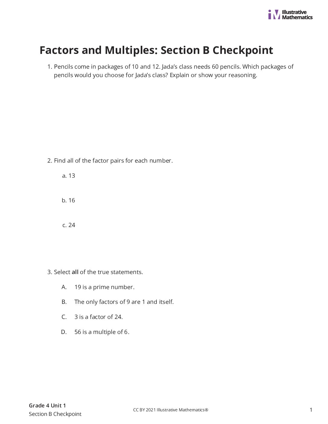 Grade4 1 Section B Checkpoint Assessment