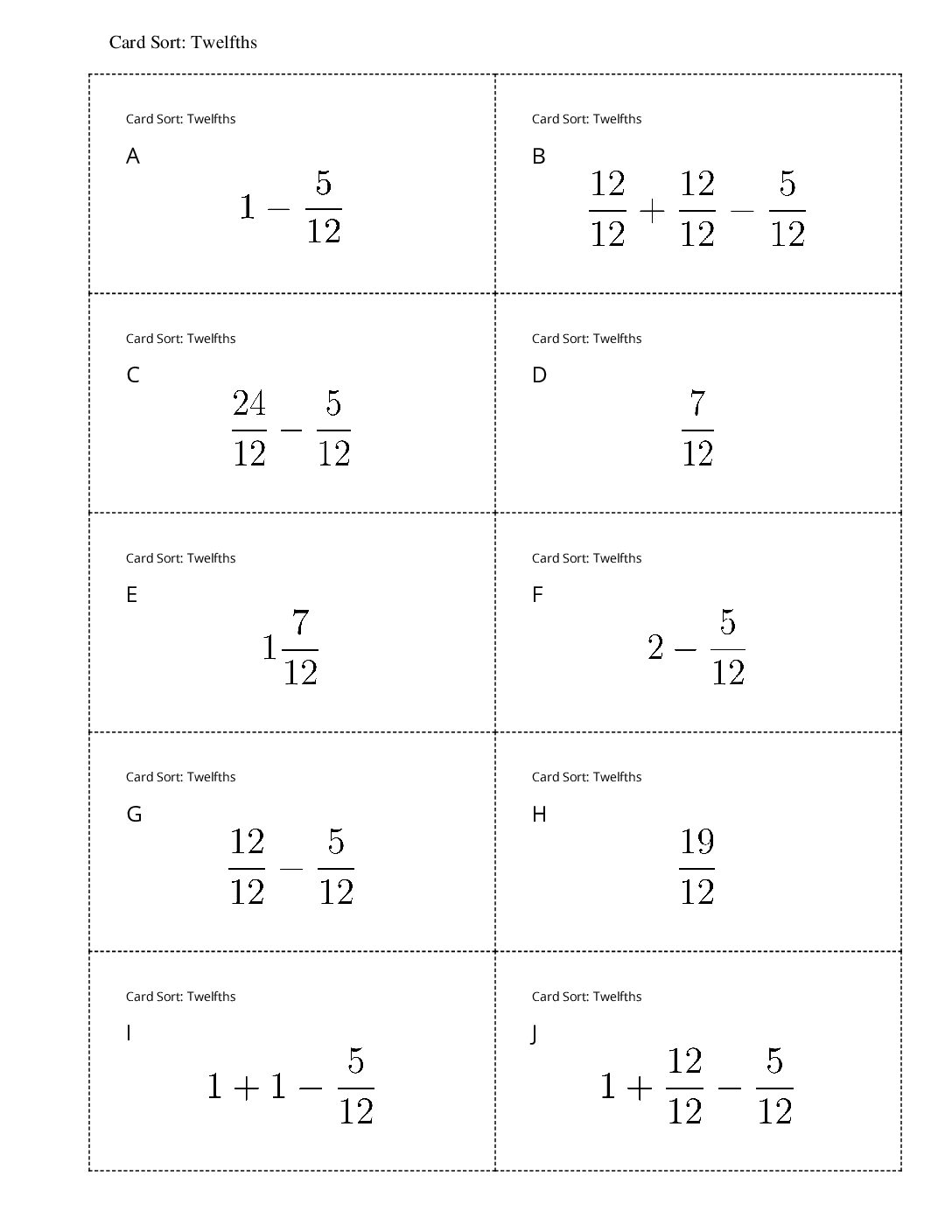 Grade4.3.B10.2 Card Sort Twelfths Card Sort Twelfths