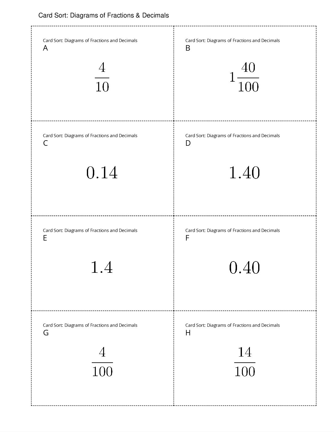 Grade4.4.A2.1 Card Sort Diagrams Of Fractions And Decimals Card Sort Diagrams Of Fractions Decimals
